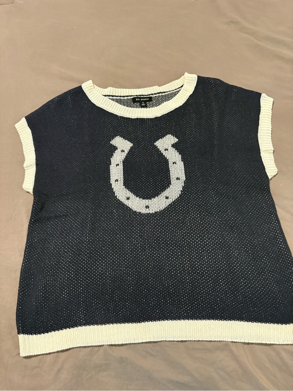 Navy Knit Horseshoe Sweater Shell with Cream Trim